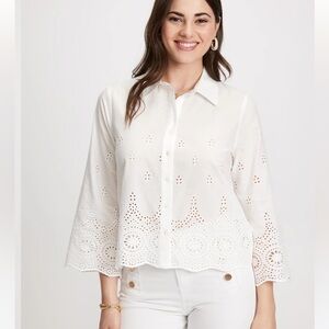 Laura Eyelet Detail Button Down Blouse Shirt White Office Career Business Boho